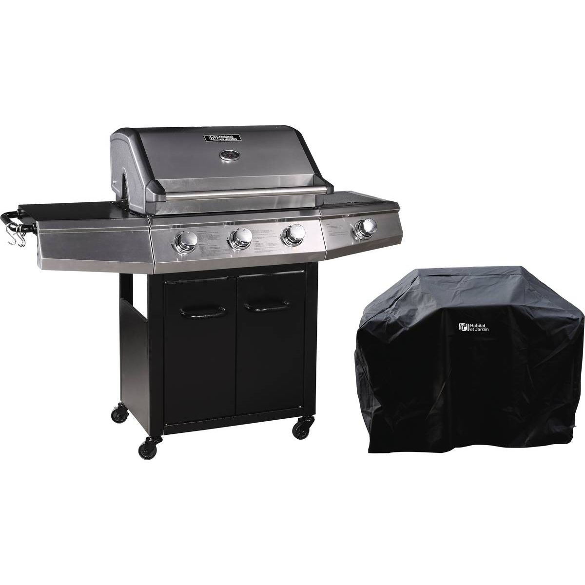 Grill gazowy z diodami LED „Bingo 4” – 4 palniki (1 strona) – 14 kW + osłona ochronna – czarny(Por omisión)