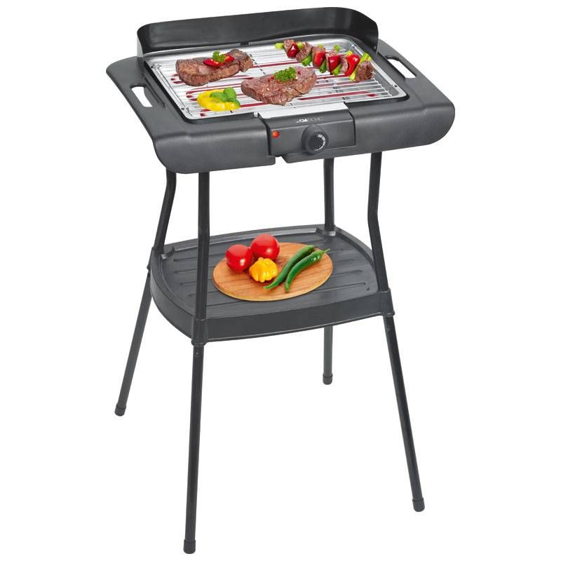 Grill elektryczny z nóżkami, chromowany, regulacja temperatury, do użytku wewnątrz i na zewnątrz, czarno-srebrny, 2000 W, Clatronic Bqs 3508(Por omisión)