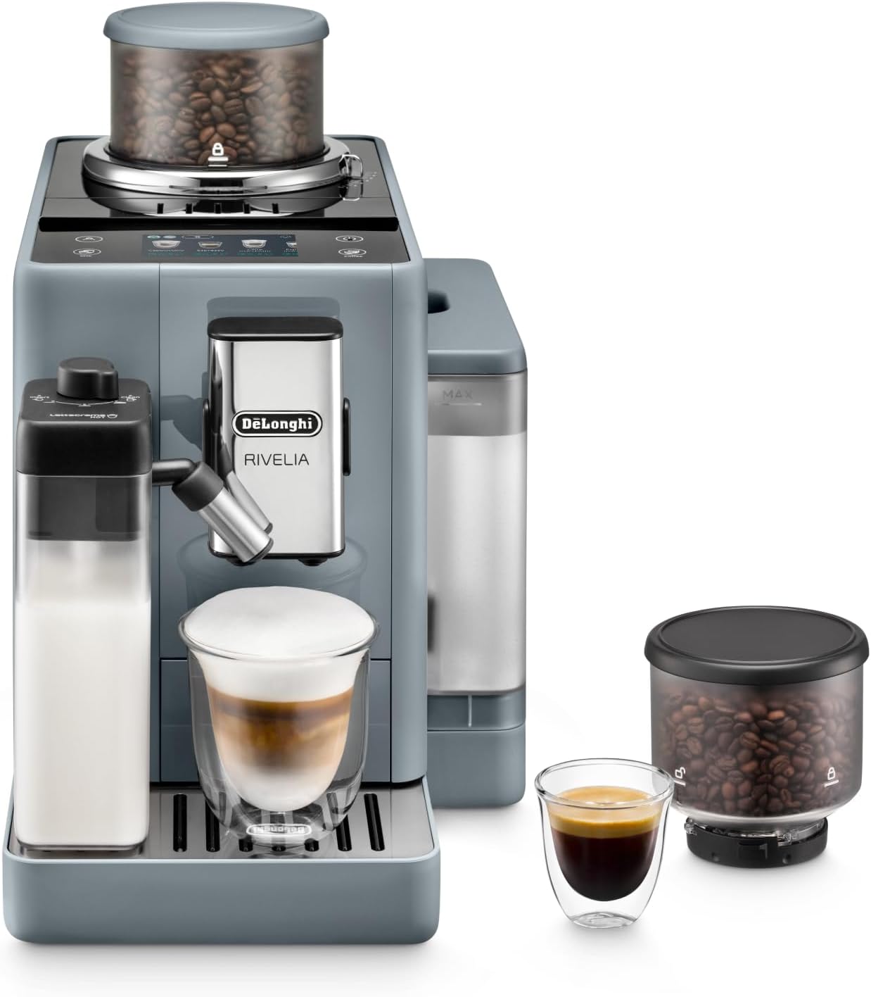 De'Longhi Rivelia EXAM440.55.G, Cafetera Superautomática con LatteCrema Hot, Espumador de Leche Automático, Tamaño Compacto, 16 Recetas, Pantalla Táctil a Color, Gris(Leche automático con LatteCrema Hot/Gris)