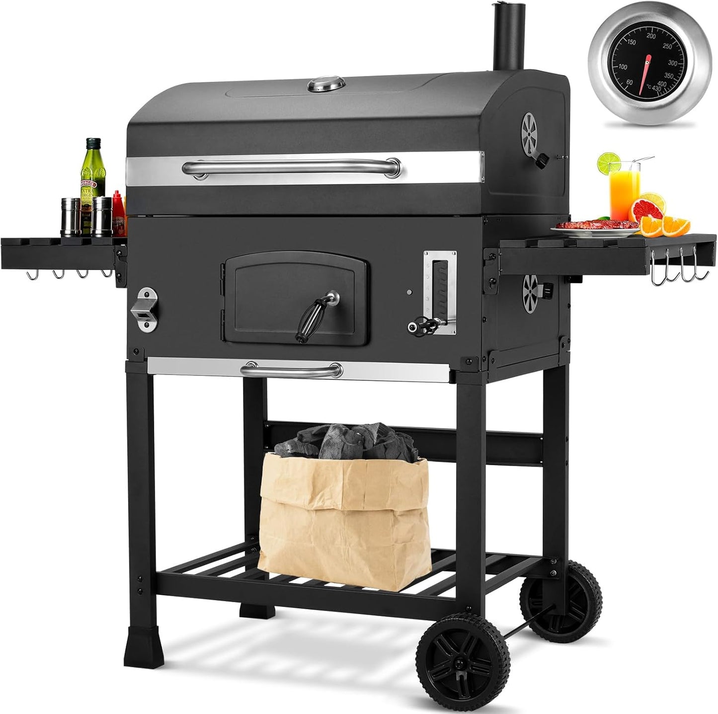 Grill węglowy XXL, grill węglowy z kominem i pokrywą, grill z wózkiem, wędzarnia z kółkami i termometrem, duży grill węglowy na kemping i do ogrodu(XXL)